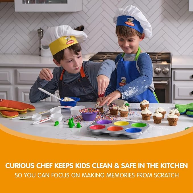 Curious Chef 11-Piece Blue and Green Chef's Kit for Kids, Includes Real Cooking and Baking Tools, Dishwasher Safe and Made with BPA-Free Plastic