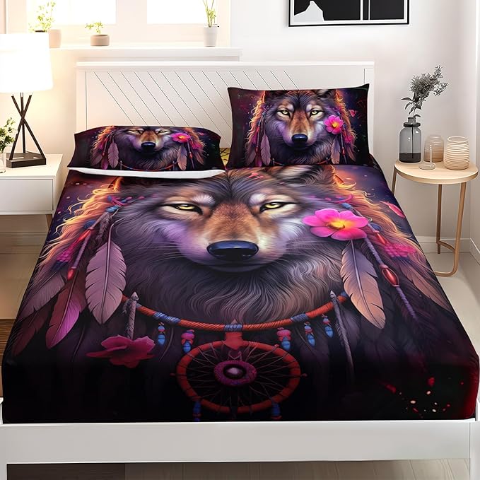 AILONEN Wolf Dream Catcher Fitted Sheet Set Full Size, Wildlife Wolf Bed Sheet Set,Safari Animal Moon Wolf Fitted Sheet and 2 Pillowcases,3 Pieces(Boys/Men/Kids/Teens)