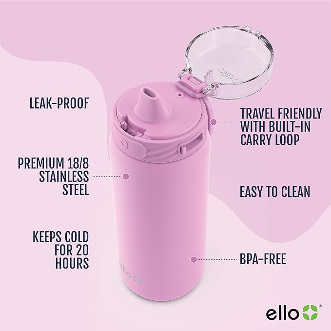 Ello Cooper 18oz Kids Stainless Steel Water Bottle with Straw and Carry Handle, Double Walled and Vacuum Insulated Metal, Leak Proof Locking Lid with Soft Silicone Spout, Reusable, BPA Free, Bubblegum