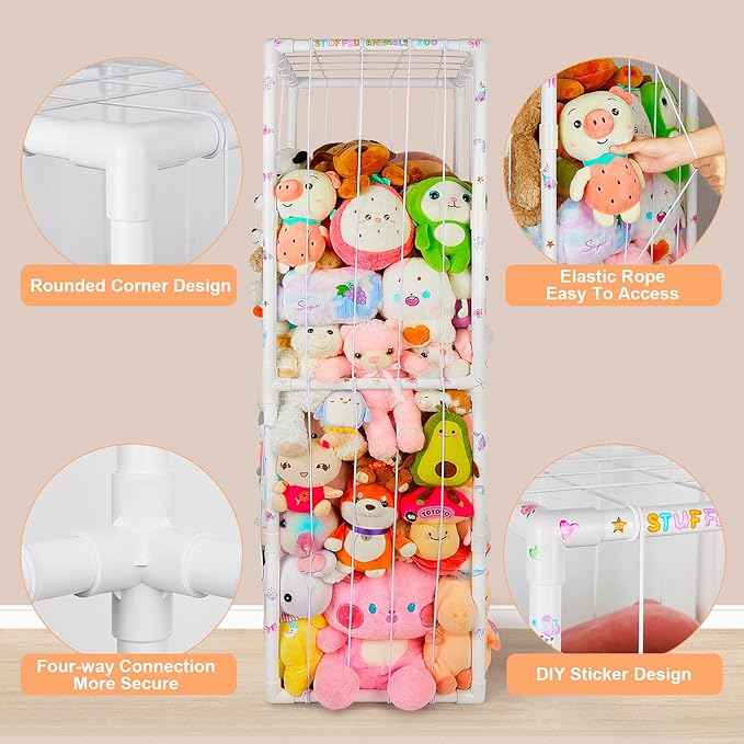 FIOBEE Stuffed Animals Storage Zoo Thicken PVC Tube Kids Toy Storage Organizer with Elastic Band Large Stuffed Animals Holder for Nursery Playroom Bedroom Room Furniture Plush Storage, White