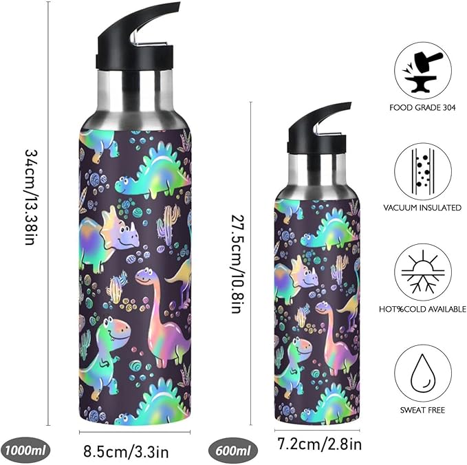 senya 34 Oz Water Bottle with Straw Rainbow Dinosaurs Stainless Steel Water Bottle for Traveling Sports Leakproof Insulated Water Bottle