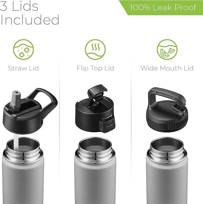 SipX™ Triple-Insulated Stainless Steel Water Bottle 18oz. With 3 Lids, BPA-Free Reusable Insulated Water Bottle Keeps Cold 24 Hours, Metal Water Bottle Made Of Sustainable Material For Hiking & Biking