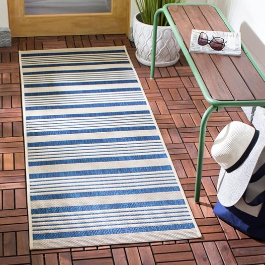 SAFAVIEH Courtyard Collection 2'3' x 18' Navy/Beige CY6062 Stripe Indoor/ Outdoor Patio Backyard Mudroom Runner Rug