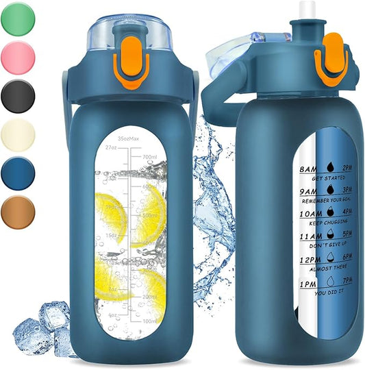 32 oz Glass Water Bottle with Time Marker - 1000ml Large Sports Motivational Water Bottles with Handle & Silicone Case, 1 Liter Leak-proof Measured Drinking Bottle for Gym Fitness Workout (Deep Blue)