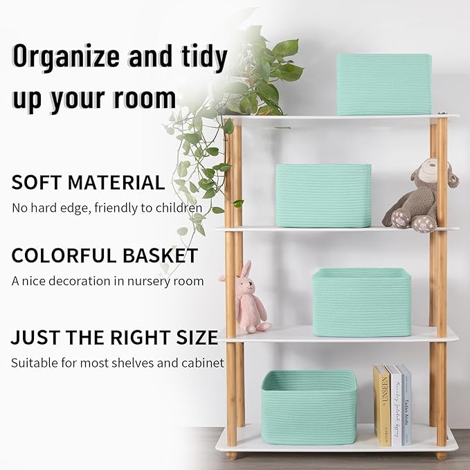 4 Pack Storage Baskets for Organizing Toys, Towels, and Clothes, Woven Basket for Shelves, Durable Nursery Cube Bins for Storage, 13''L x9''W x7.8''H, Green
