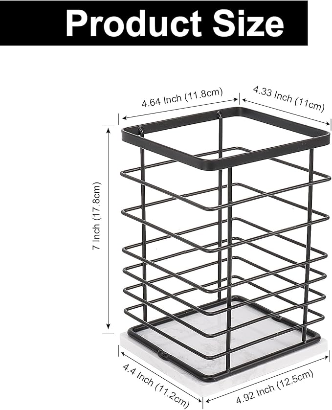 Square Kitchen Utensil Holder, Sturdy Metal Rack for Countertop Storage, Cooking Tools Organizer with Drainage Hole, Stylish Utensil Caddy for Effortless Kitchen Organization, with Marble Base
