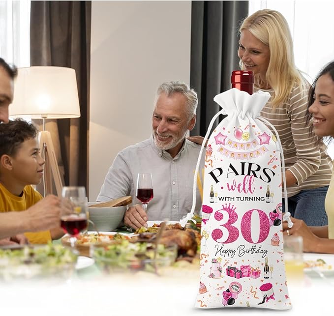 30th Birthday Gifts for Her Women Men Wine Bag, 30 Year Old Birthday Gifts for Women Men, Happy 30th Birthday Party Decorations for Her Him, Pairs Well with Turning 30 Wine Bags (White Pink)