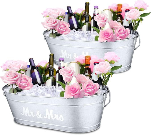 2 Pcs Wedding Mr and Mrs 5.5 Gallons Galvanized Beverage Stainless Steel Ice Buckets Tubs with Handles, Large Drink Wine Cooler Bins for Parties Farmhouse Garden Bar Christmas (Mr and Mrs)