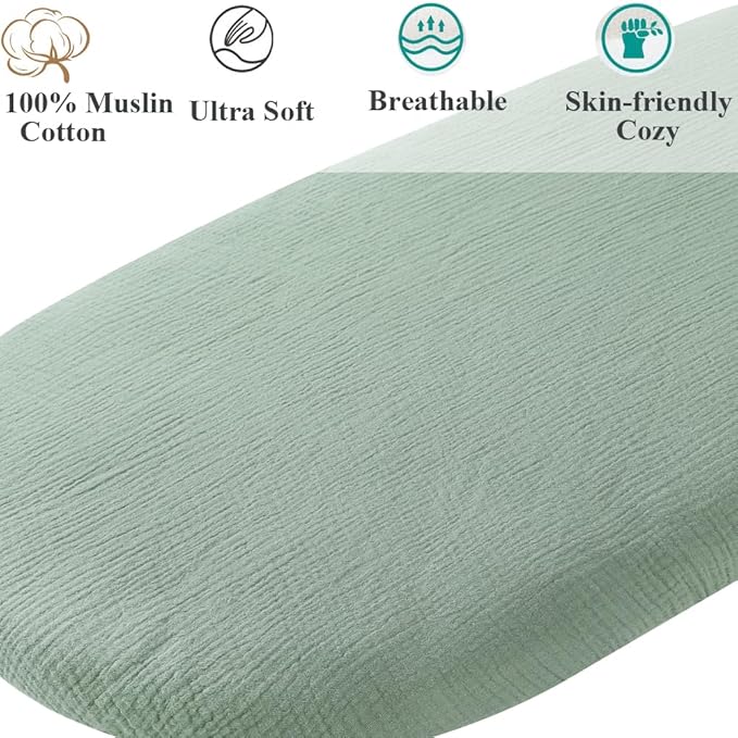 Muslin Bassinet Sheet Compatible with RONBEI Bassinet Bedside Sleeper, Cuddor, QUTANIX, BUBAVAN Bassinet Bedside, 2 Pack Cotton Fitted for Baby Roman Green & Botanical Leaf