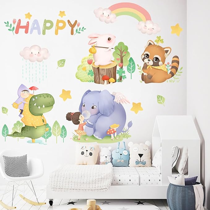 Jungle Cute Animals Wall Stickers Crocodile Elephant Rabbit Civet Cat Wall Decals for Baby Nursery Kids Room Living Room Home Decor