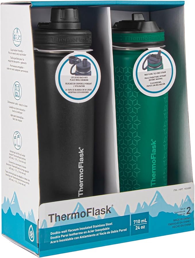 ThermoFlask 24 oz Double Wall Vacuum Insulated Stainless Steel 2-Pack of Water Bottles, Black/Malachite