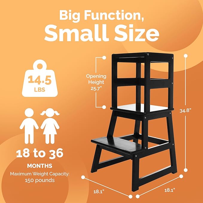 SDADI Kids Kitchen Step Stool Tower for Toddlers, Holds up to 150 lbs, w/ Safety Rail, Wide Platform Design, and 4 Anti-Slip Strips, Black