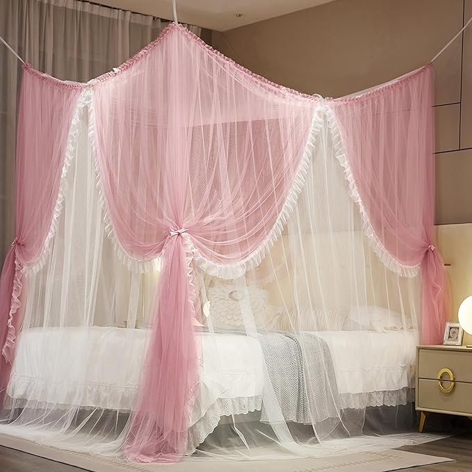 4 Corners Post Princess Curtain Bed Canopy Lace Up Double Layer 4 Opening Mosquito Net Mesh for Girls Bedroom Decoration(Pink/White, 53" W*78" L*82" H/Full)