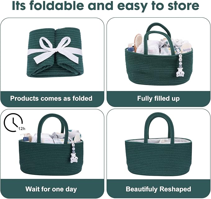 Baby Diaper Caddy Organizer for Girl Boy Rope Nursery Storage Bin Basket Portable Holder Tote Bag for Changing Table Car Travel Baby Shower Gifts Newborn Essentials Registry Must Have Items Dark Green