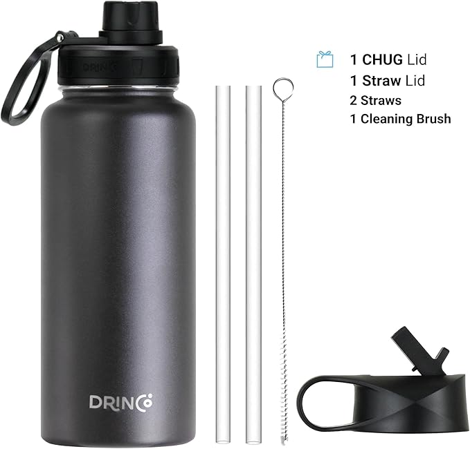 DRINCO Stainless Steel Water Bottle Spout Lid Vacuum Insulated Double Wall Water Bottle Wide Mouth Leak Proof Keep Cold Sport Camping (USA Flag) (32oz Black USA Flag, 32oz)