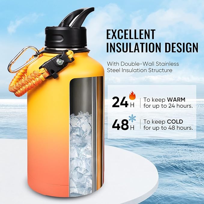 Half Gallon Water Bottle with Straw&Spout Lid, 64oz Stainless Steel Insulated Water Jug with Handle and Wide Mouth, Half Gallon Vacuum Double Walled Jug for Sports, Outdoors, Yellow&Orange 64oz