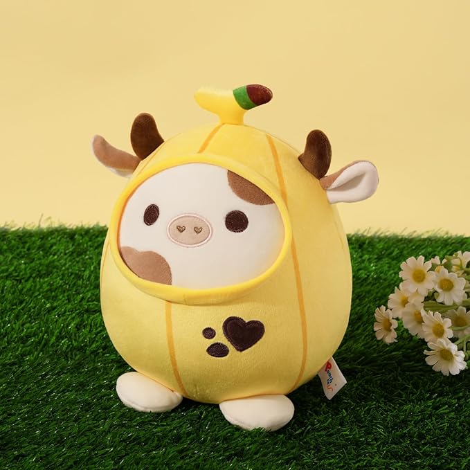 PEACH CAT Cute Banana Cow Plush Pillow Banana Cow Stuffed Animal Cow plushie with Banana Outerwear for Kids Yellow 12"