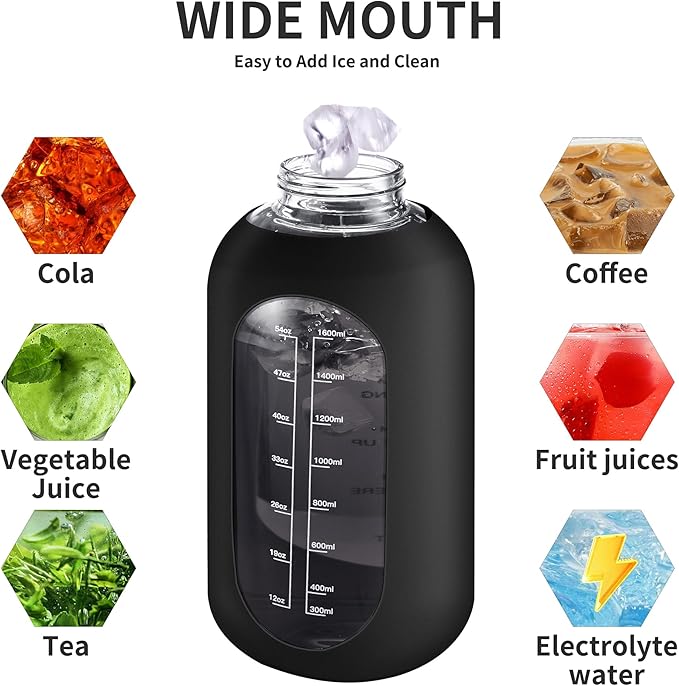 CIVAGO 32 oz Glass Water Bottle with Straw and Handle, Large Sports Motivational Water Bottle Flask with Time Marker and 2 Lids, Leakproof Water Jug Canteen with Silicone Sleeve for Gym,Navy