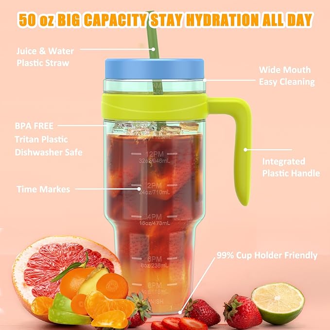 Tronco 50 oz Tritan Plastic Tumbler with Lid and Straw, BPA-Free Reusable Clear Water Bottle with Time Marker, 100% Leak Proof & Wide Mouth for Iced Coffee, Juice, Bubble Tea, Smoothies