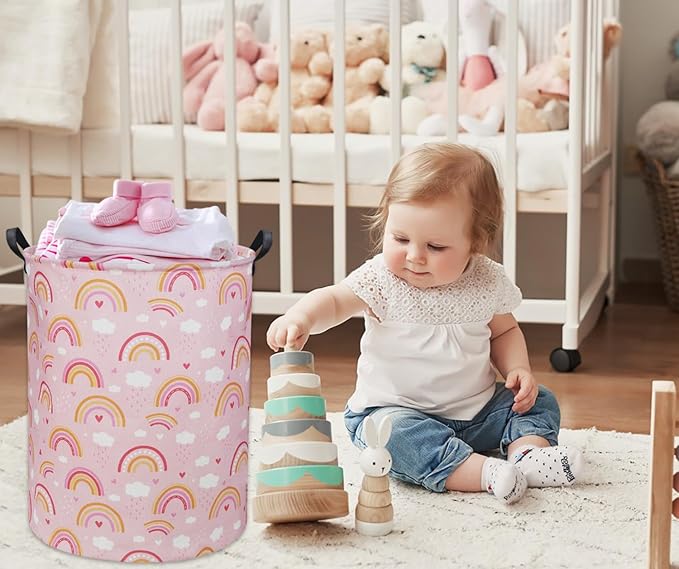 Rainbow Pink Baby Laundry Basket Baby Hamper Kids Hamper Basket Toy Storage Bin for Boys Room Decor Baby Nursery Hamper Gift Baskets for Bedroom Bathroom(Pink Rainbow)