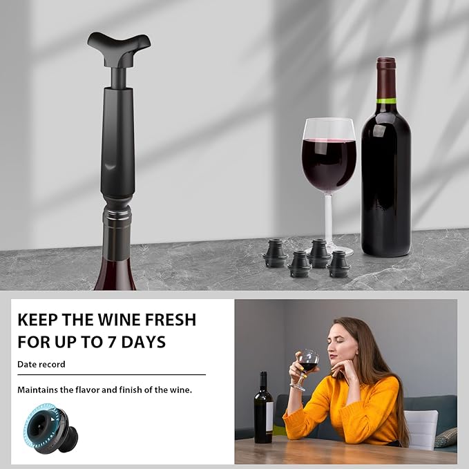 Wine Saver Pump with 4 Vacuum Wine Stoppers,Wine Bottle Stopper,Keeps Wine Fresh,Compatible with Most Wine Bottles,Best Gifts for Wine Lovers,Black