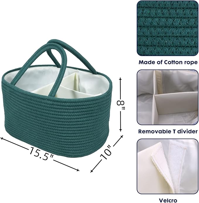 Large Baby Diaper Caddy Organizer for Girl Boy Rope Nursery Storage Bin Basket Portable Holder Tote Bag for Changing Table Car Travel Baby Shower Gifts basket dark green