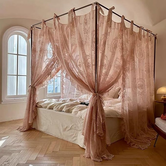 Elegant Lace Princess 4 Corner Post Mosquito Net Romantic for Girls Women Bed Curtain Canopy for Adult Wedding Bedroom Kids Rooms Decoration (Color-B, Full)