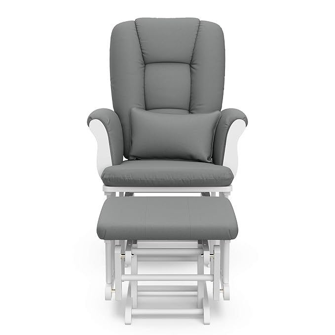 Storkcraft Tuscany Custom Glider and Ottoman with Free Lumbar Pillow (White/Grey) - Cleanable Upholstered Comfort Rocking Nursery Chair with Ottoman