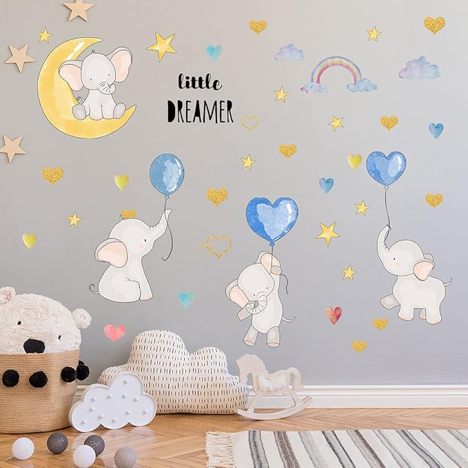 Cartoon Elephant Wall Stickers Moon Stars Balloons Rainbow Wall Decals Cute Animal Wall Decor for Kids Room Bedroom Living Room Wall Background Decor