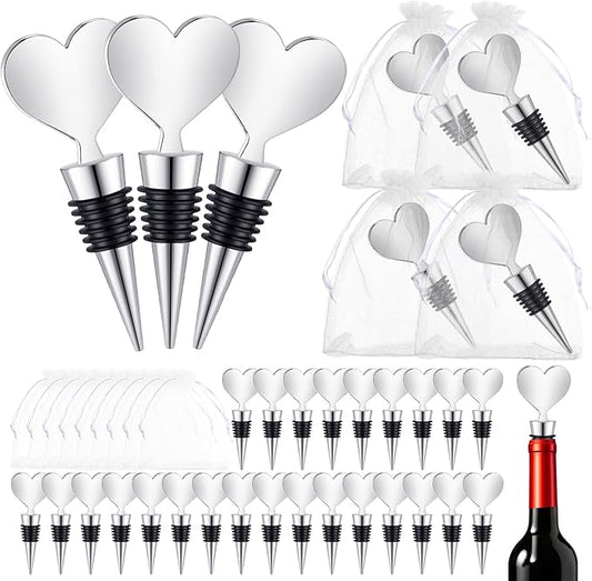 Blank Heart Shape Wine Stopper Stainless Steel Beer Stopper Blank Board Stopper with White Sheer Organza Bags Wedding Favor for Guests Wine Party Gifts Bridal Shower(Silver,36 Sets)