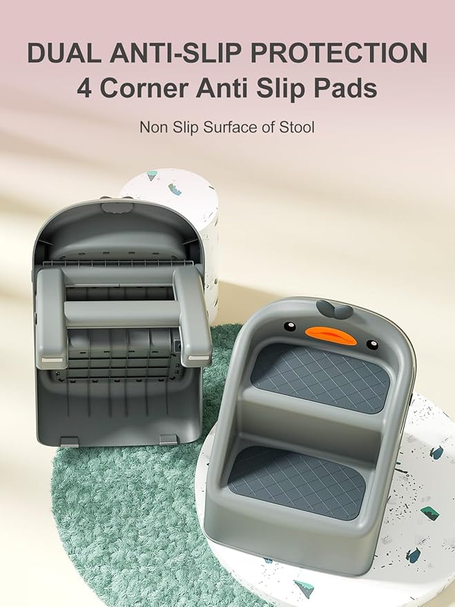 Toddler Step Stool Dark Grey, Foldable 2 Step Stool for Kids Bathroom Sink Potty Toilet, 15" Height(11" Two Steps & 4" Back Support), Cute & Lightweight Gift to Give Todders 1-3 More Independence