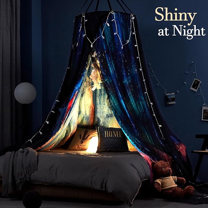 Kertnic Gorgeous Aurora Printed Bed Canopy for Girls & Adults, Room Decorative Cozy Bed Curtain Canopy Drapes, Round Dome Luxurious Lace Princess Canopies Mosquito Netting (Aurora)