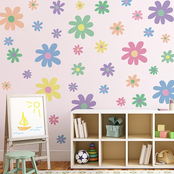 Amaonm 12 Sheets Large Daisy Wall Decals DIY Boho Sunflower Wall Stickers Peel and Stick Colorful ins Daisy Floral Wall Decor for Nursery Little Girls Teens Bedroom Living Room (12 Sheets of 34pcs)