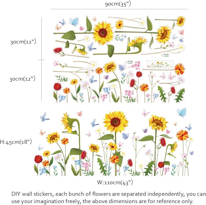 Runtoo Sunflower Butterfly Wall Stickers Garden Flower Wall Decals Bedroom Living Room Nursery Wall Decor