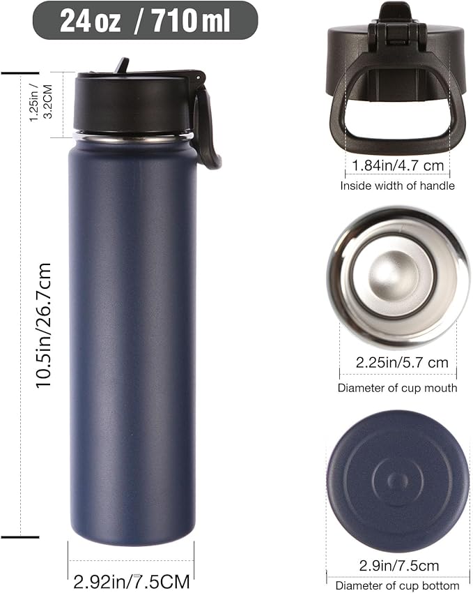 Volhoply 24oz Insulated Water Bottle With Straw Bulk 6 Pack,Metal Wide Mouth Water Bottles With Handle Lid Keep Cold,Reusable Double Wall Thermos,Powder Coated Sport Bottle For Holder(Navy,6 Count)