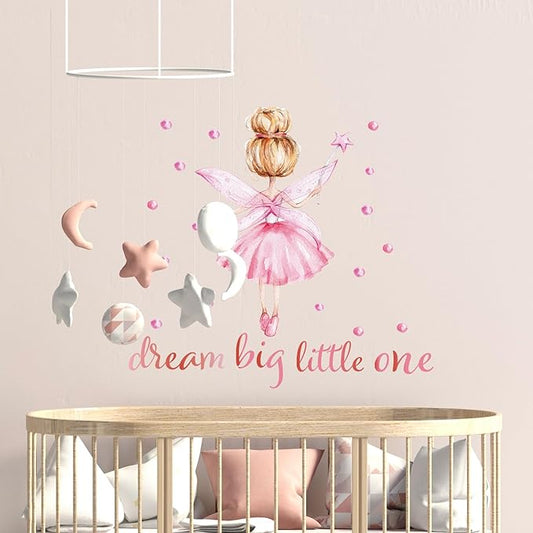 Pink Little Ballerina Decor for Girls Room Dream Big Little One Baby Nursery Wall Decals Peel and Stick Barbie Princess Wall Stickers & Murals for Girls Bedroom Living Room Classroom Playroom