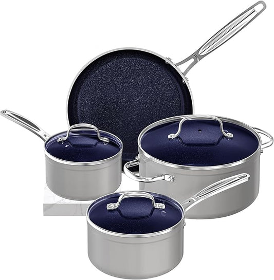 Nuwave 7pc Cookware Set Healthy Duralon Blue Ceramic Nonstick Coated, Diamond Infused Scratch-Resistant, PFAS Free, Oven Safe, Induction Ready & Evenly Heats, Tempered Glass Lids & Stay-Cool Handle