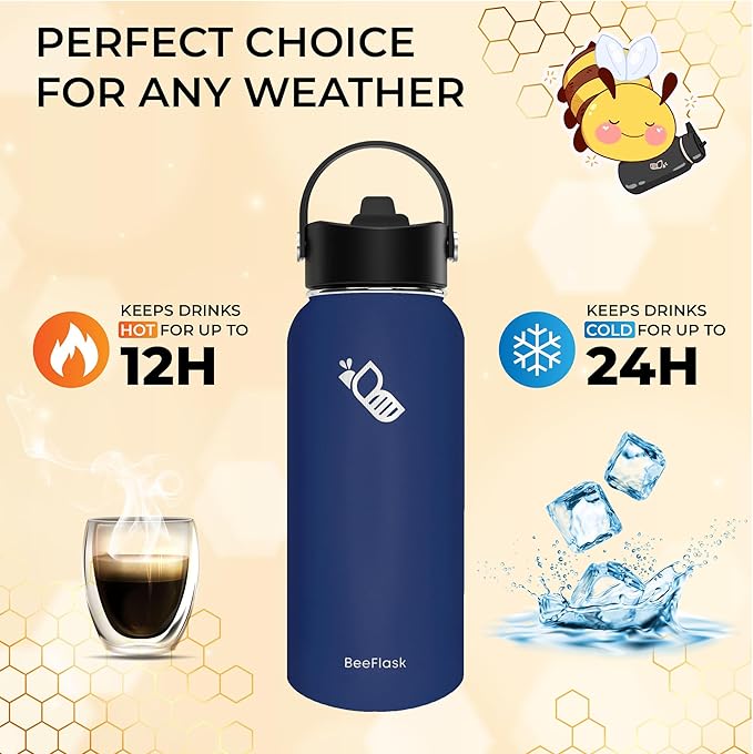 Sports Water Bottle - 32 Oz, 3 Lids (With straw), 50 Cute Stickers, Vacuum Insulated, 308 Stainless Steel, with a Portion of Sales Supporting Bee Conservation Efforts (Navy Blue)