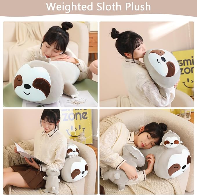 SQEQE Weighted Sloth Plush, Weighted Sloth Stuffed Animal for Anxiety, Cute Sloth Plushies Sloth Pillow Toy Gift for Kids Adults Brown 9.8 Inch, 0.8 lbs