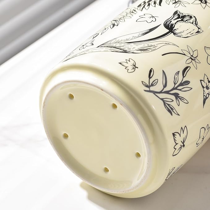 Small Utensil Holder for Kitchen Counter H5.9 x W4.1”, Ceramic Floral Cooking Utensil Crocks Countertop Organizer with Flowers