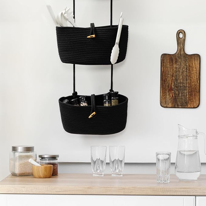 TeoKJ Over the Door Hanging Baskets with Button Strap, 3-Tier Woven Cotton Storage Organizer Bag, Wall-Mounted with Hook Decorative Hanging Nursery Baskets - Black