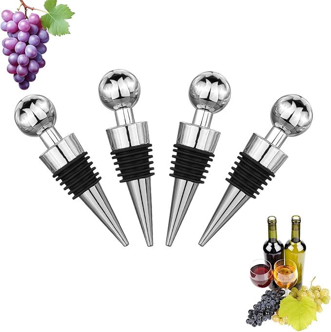 Wine Stoppers for Wine Bottles,4-Pack Silicone Wine Stopper,Reusable Wine Bottle Stopper For Beverage,Applicable to Gifts,Bar,Camping,Party,Wedding etc (4)