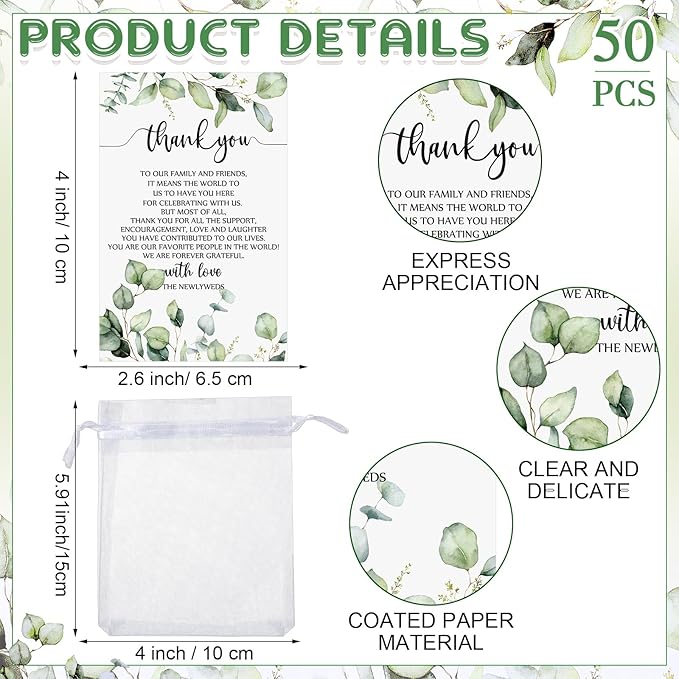 Barydat 50 Sets Wedding Favors for Guests Bulk Engraved Wood Wine Bottle Corks Wine Stopper with Wedding Thank You Cards and Organza Bags Wedding Appreciation Gifts for Guest Thank You Gifts (Classic)