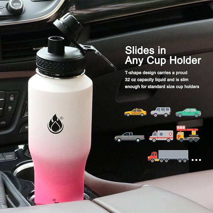 SENDESTAR Water Bottle 32oz,2 Lids(Straw lid),Wide Mouth Stainless Steel Vacuum Insulated Double Wall Keep Liquids Cold or Hot All Day,Sweat Proof Sport Design,Fit Car Cup Holder(White&Pink)