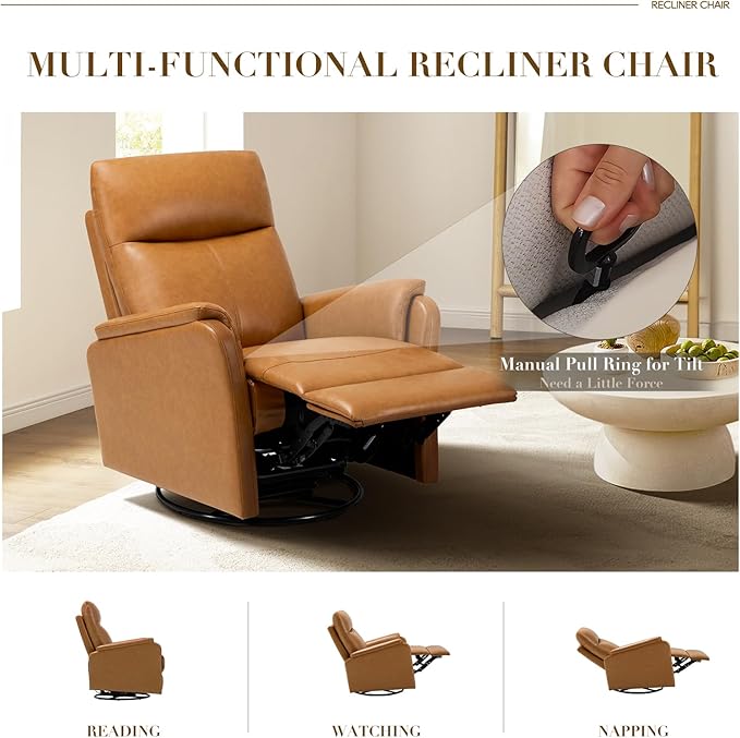 Swivel Rocking Recliner Glider Chair, Leather Reclining Rocker Chair with Footrest for Living Room, Nursery, Office, Bedroom, Ergonomic High Backrest, Wide Seat Cushion and Metal Base-Camel