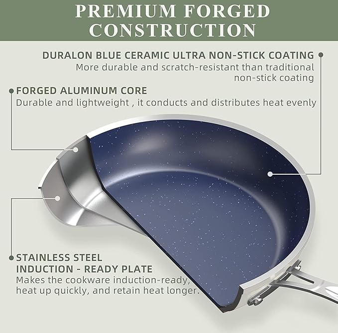 Nuwave 7pc Cookware Set Healthy Duralon Blue Ceramic Nonstick Coated, Diamond Infused Scratch-Resistant, PFAS Free, Oven Safe, Induction Ready & Evenly Heats, Tempered Glass Lids & Stay-Cool Handle