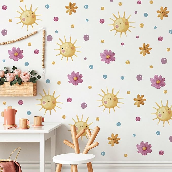 Watercolor Boho Smiling Sun Wall Decals Removable DIY Colorful Flowers Wall Decal Peel and Stick Dewdrops Wall Stickers Wall Art for Baby Nursery Bedroom Living Room Playroom Decor