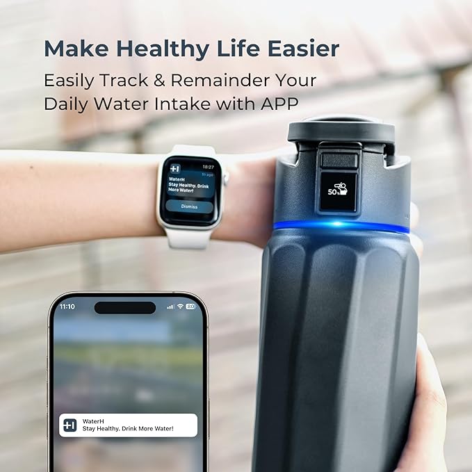 BOOST Smart Water Bottle with Reminder to Drink Water & Water Tracker Bottle - Double Wall Vacuum Insulated Water Bottle Stainless Steel, Wide Mouth 32 oz Water Bottles, Ideal for Gift - Black