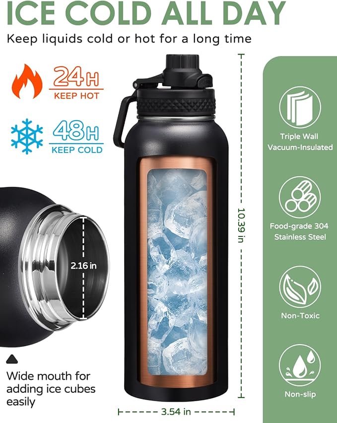 32/40/64 oz Insulated Water Bottle with Straw & Spout Lids, Paracord Handle, Bottle Holder with Strap, 40 oz Stainless Steel Water Bottle Cold for 48H, Vacuum Metal Thermal Flask for Work Travel
