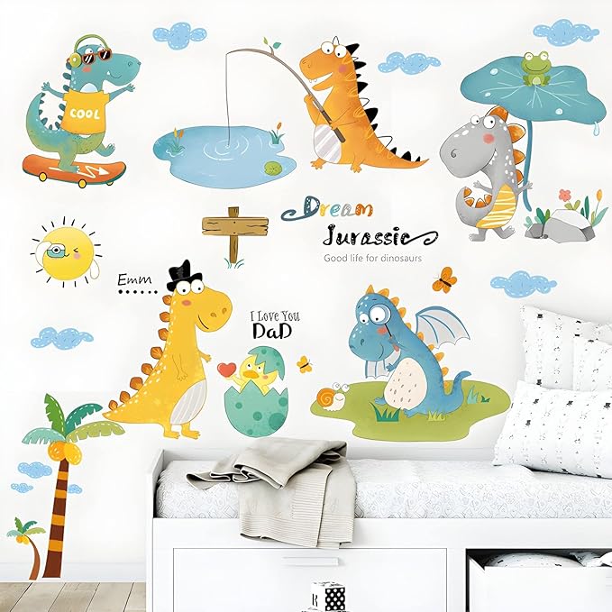 Cartoon Dinosaur Wall Decals Fishing T-Rex DIY Wall Stickers for Boys Kids Room Bedroom Baby Nursery Decor